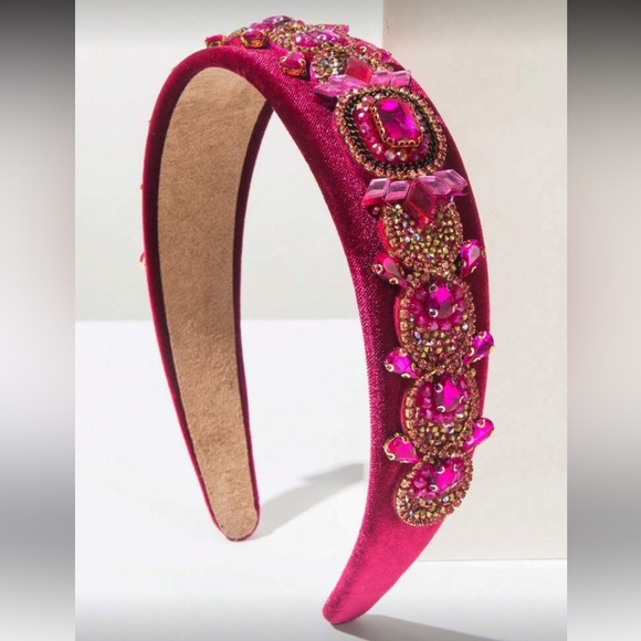 Accessories - Hot Pink Velvet Retro Valentine's Day Headband, Baroque Gemstone Decor